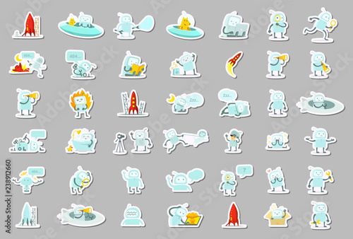 Sticker robots big set character. Search, ufo and others. Collection illustration.