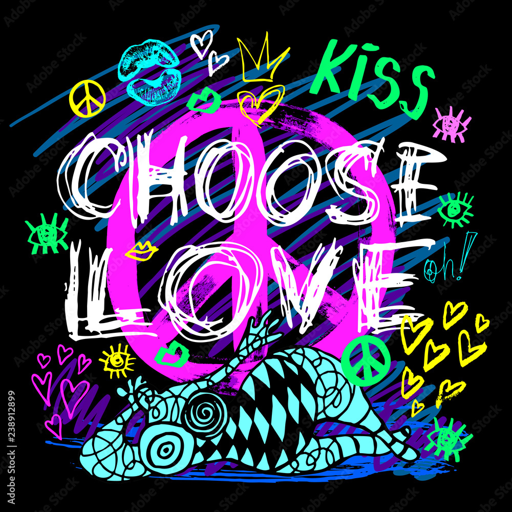 Choose love love peace sign girls trendy neon colors, kiss, hearts, lips,  slogan lettering. Color pencil, marker, ink, pen doodles sketch style. Hand  drawn illustration vector. Stock Vector | Adobe Stock
