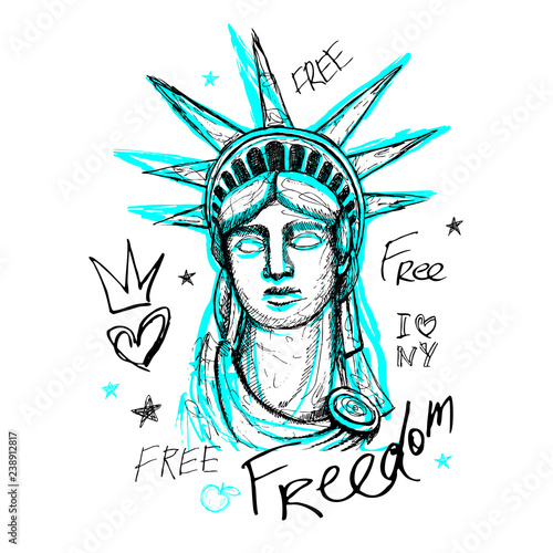 New York, t shirt design, poster, print, statue of liberty lettering, map, tee shirt graphics, trendy, dry brush stroke, marker, color pen, ink, watercolor. Hand drawn vector illustration.