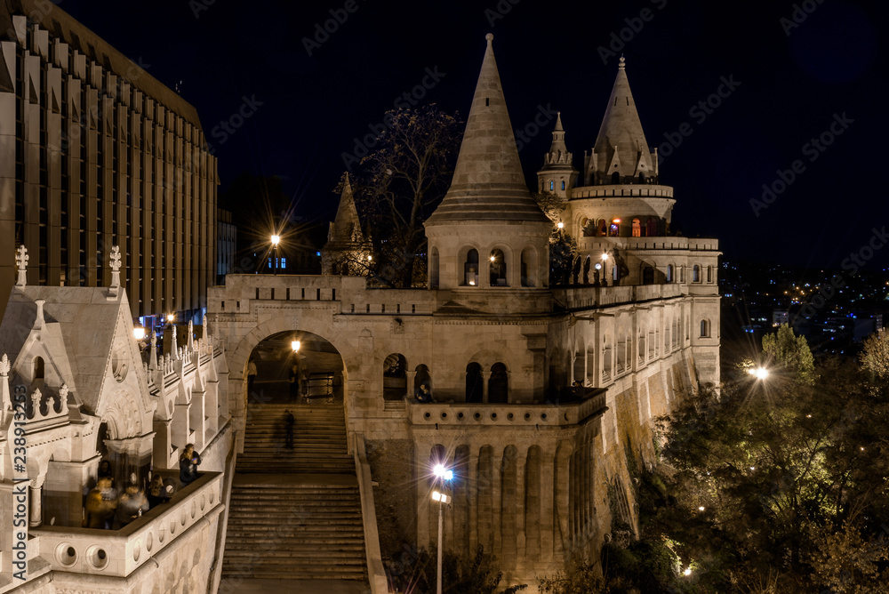 Fisherman's Bastion, Budapest, Hungary, lit up at night 