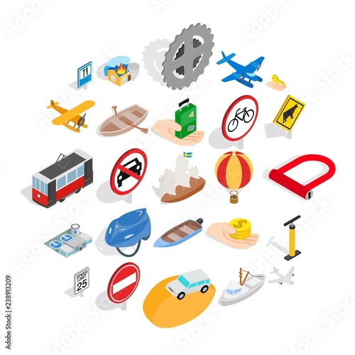 Traveling on transport icons set. Isometric set of 25 traveling on transport vector icons for web isolated on white background