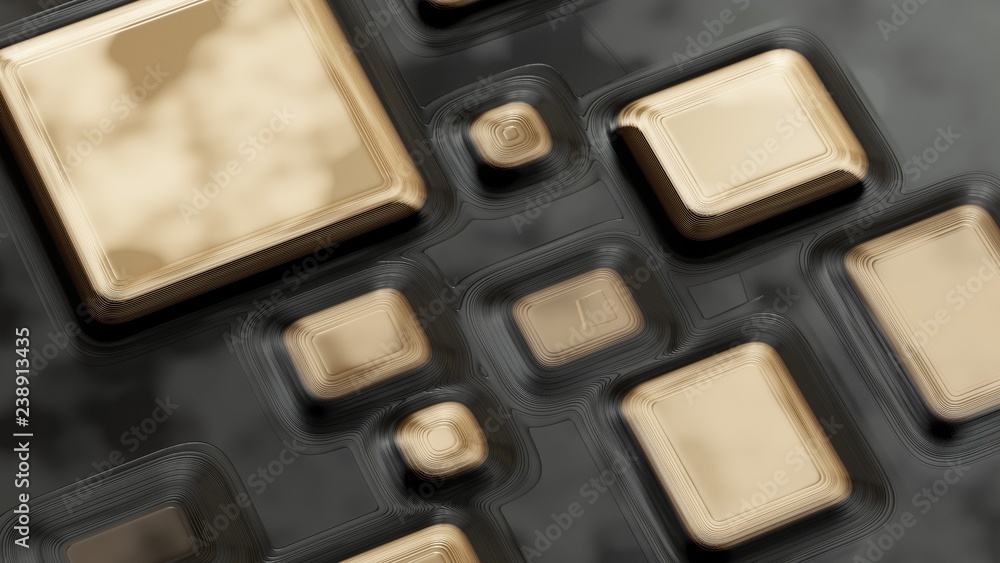 Raster golden texture, gold level lines pattern, curved square rounded metal plates background with reflection. Abstract dynamic surface. 3d illustration Raster golden texture, gold level lines pattern, curved square rounded metal plates background with reflection. Abstract dynamic surface. 3d illustration