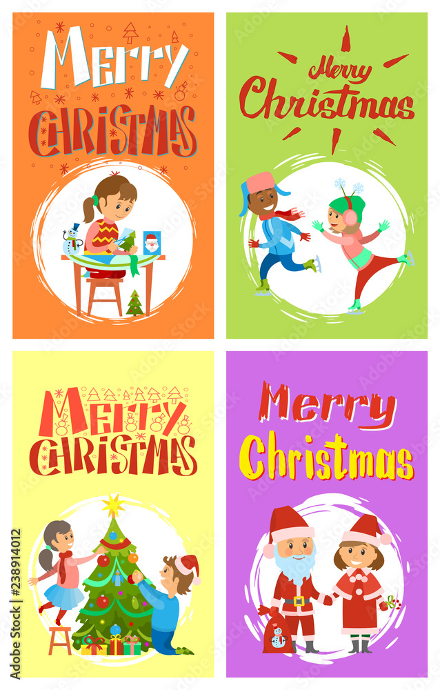 Fototapeta premium Christmas Holidays Preparation of Kids, Cards Set