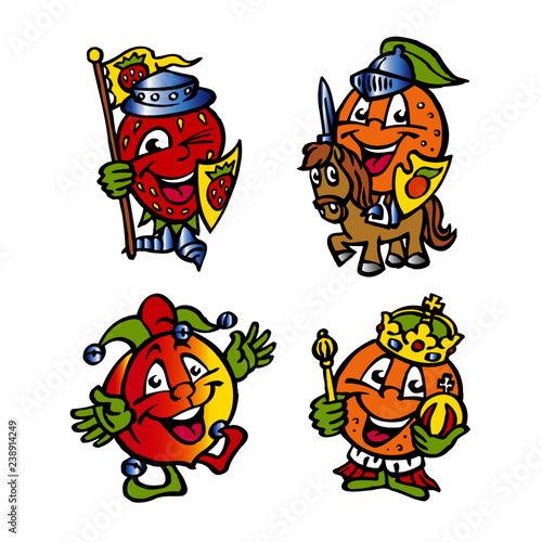 fruit mascot strawberry orange peach medieval horse knight king and jester funny clipart
