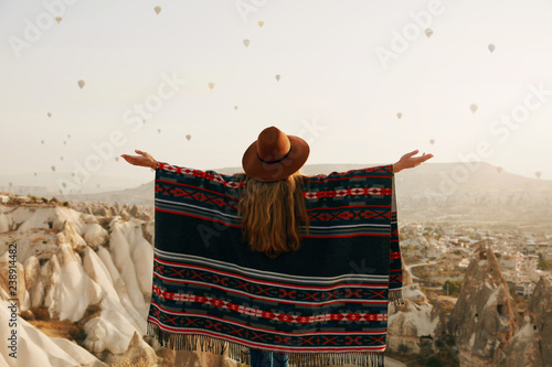 Travel. Woman In Hat Having Fun Outdoors, Enjoying Landscape