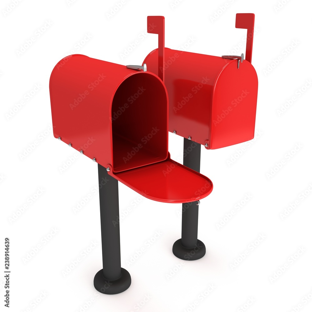 Mailbox with open door and raised flag. 3d render illustration isolated on white background. Mailbox with open door and raised flag. 3d render illustration isolated on white background.