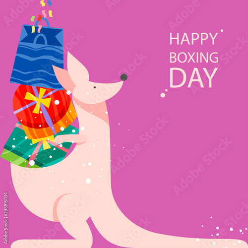 Cute kangaro and gifts in boxes. Happy Boxing Day concept in flat style