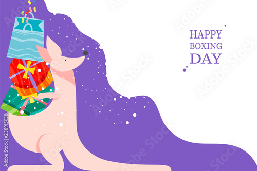 Cute kangaro and gifts in boxes. Happy Boxing Day concept in flat style