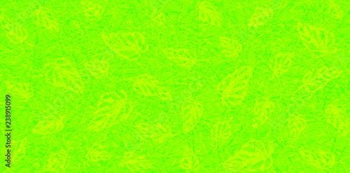 Flat vector with noise and texture. Tropical leaves Monstera on marble textured background. Bright, neon color of UFO Green. Modern, fashionable color. Seamless pattern, place for text.