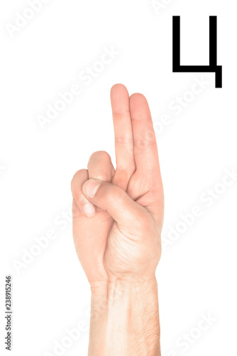 partial view of male hand showing cyrillic letter, deaf and dumb language, isolated on white