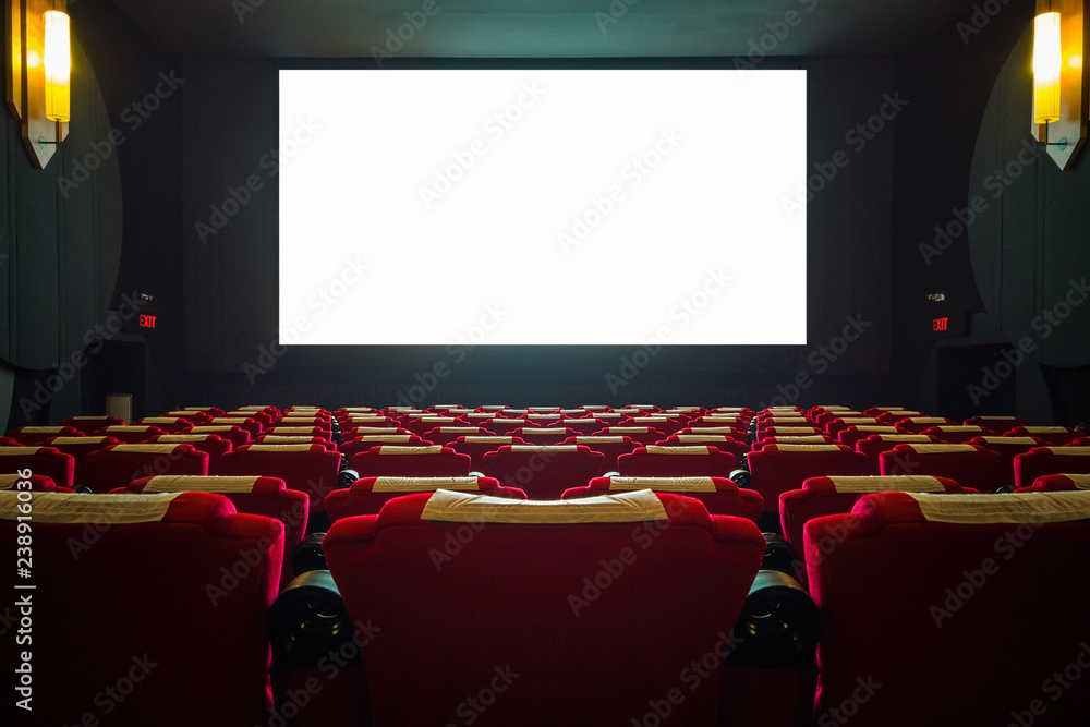 Cinema hall with red seat and wide white screen Stock Photo | Adobe Stock