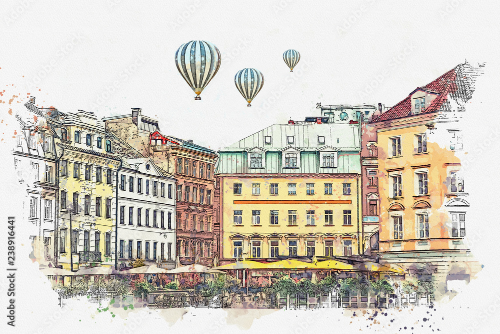 A watercolor sketch or an illustration of a beautiful view of the architecture of Riga in Latvia in the center of the city. Hot air balloons are flying in the sky.