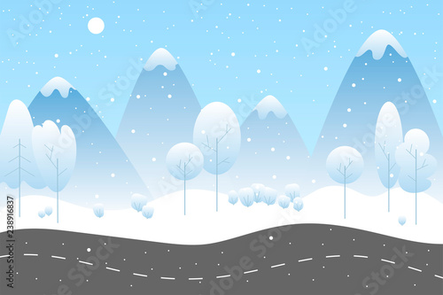 Winter landscape with road. Mountains and trees under the snow. Fantasy winter background template in flat style