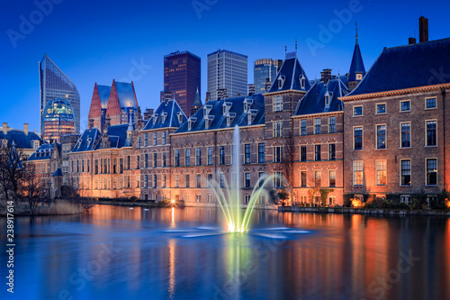 illuminated Dutch parliament buildings in The Hague