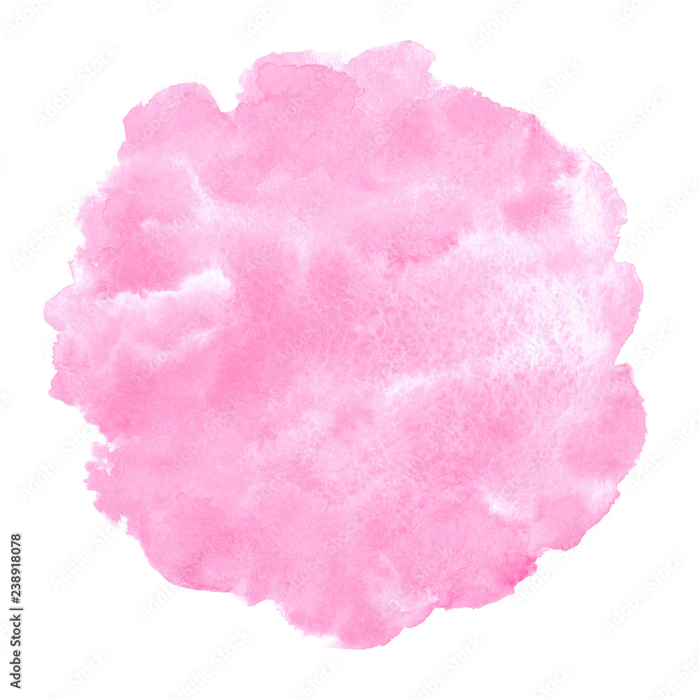 Fototapeta premium Rose pink watercolor stains painted texture. Valentines, 8 March, Women day round watercolour background for text, cards, banners. Rounded, uneven circle shape, brush stroke. Hand drawn aquarelle fill