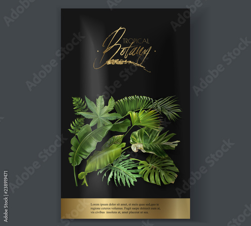 Vector vertical banner with green tropical leaves on black background. Luxury exotic botanical design for cosmetics, spa, perfume, aroma, beauty salon. Best for packaging design