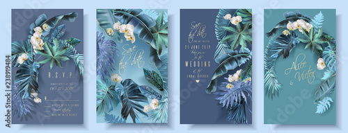 Vector vertical wedding invitation card set with turquoise tropical leaves and orchid flowers. Save the date and R.S.V.P. botany design for wedding ceremony. Can be used for cosmetics, beauty salon
