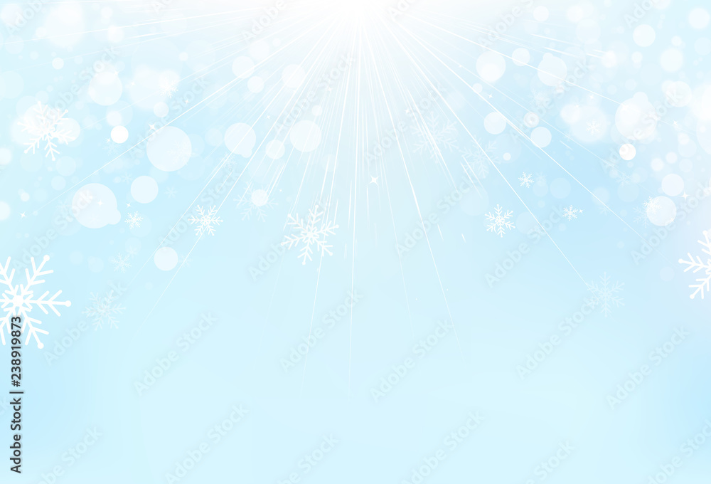 Winter season, snowflakes with light rays and stars scatter sparkle on blue sky magical concept abstract background vector illustration Winter season, snowflakes with light rays and stars scatter sparkle on blue sky magical concept abstract background vector illustration