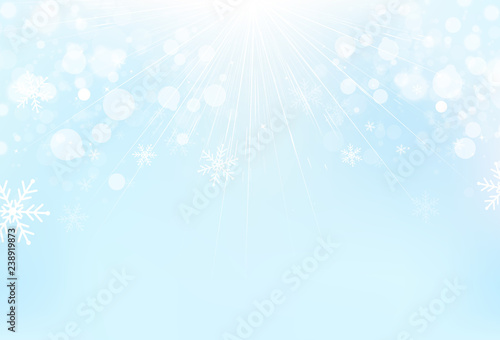 Winter season, snowflakes with light rays and stars scatter sparkle on blue sky magical concept abstract background vector illustration