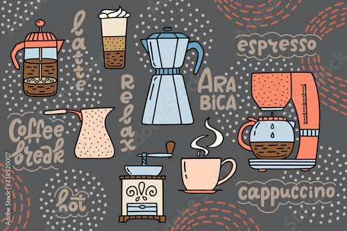 Coffee maker, the American press, coffee machine, cup of espresso, latte, and grinder