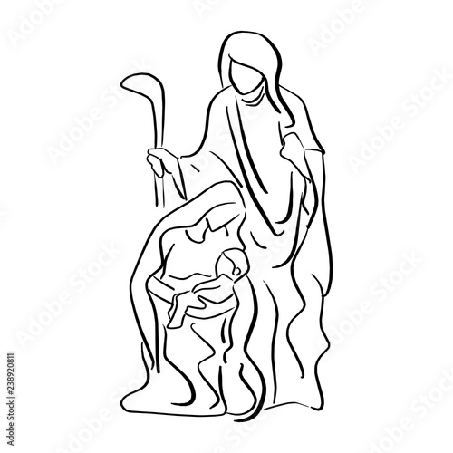Nativity Scene of baby Jesus in arm of Mary vector illustration sketch doodle hand drawn with black lines isolated on white background.