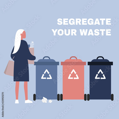 Segregate your waste. Eco friendly behaviour. Conceptual illustration. Young female character standing in front of the garbage containers / flat editable vector illustration, clip art