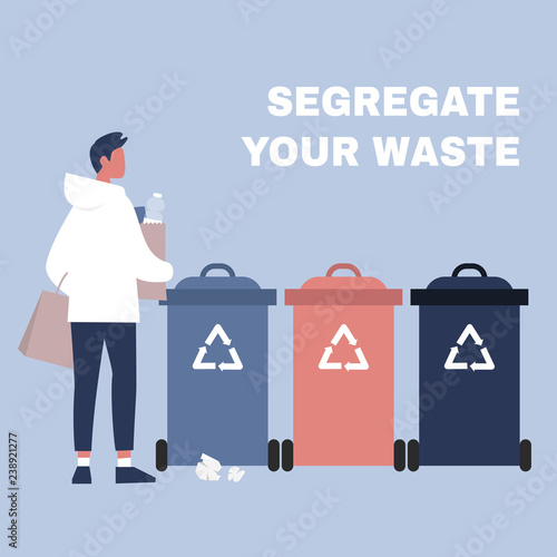 Segregate your waste. Eco friendly behaviour. Conceptual illustration. Young male character standing in front of the garbage containers / flat editable vector illustration, clip art