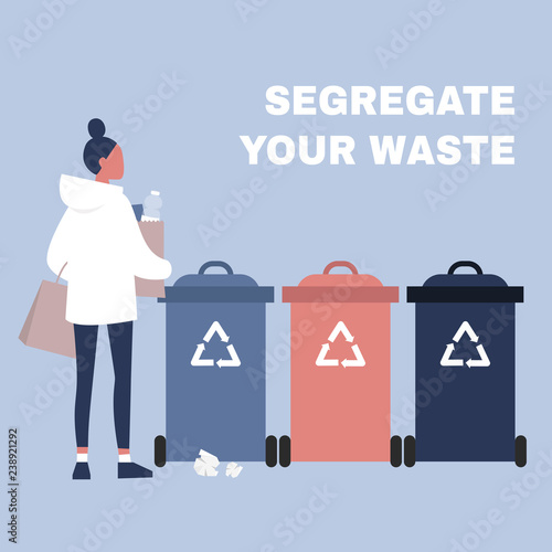 Segregate your waste. Eco friendly behaviour. Conceptual illustration. Young female character standing in front of the garbage containers / flat editable vector illustration, clip art