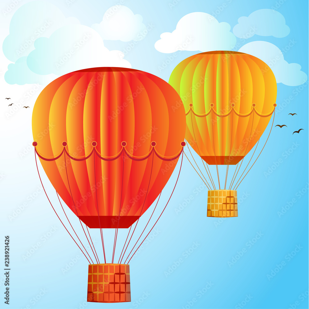 Obraz premium Large colored balloons soar against the bright sky, clouds and birds. Vector illustration for your design.