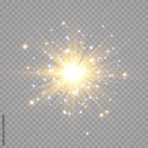 Glow light effect. Starburst with sparkles on transparent background. Vector illustration. Sun