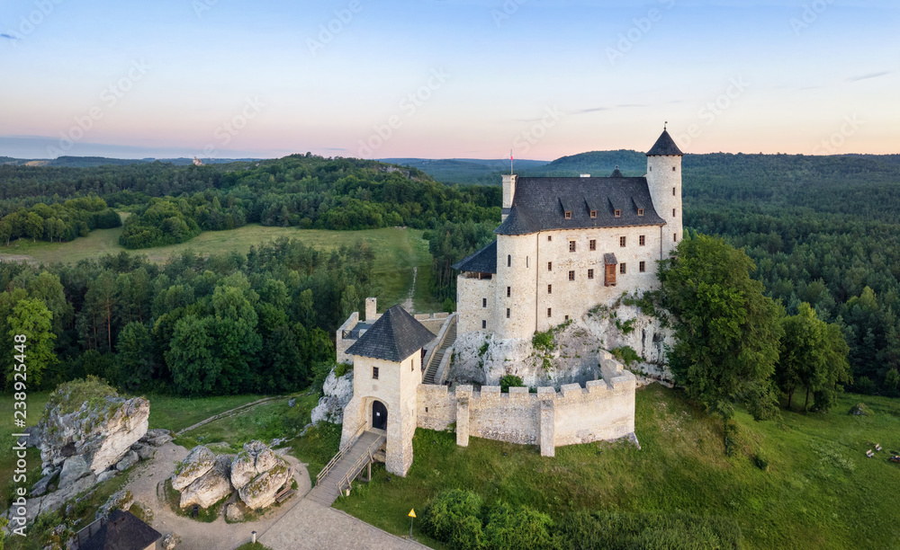 Aerial view of Bobolice Castle - 14th-century royal castle in the village of Bobolice, Polish Jura, Poland