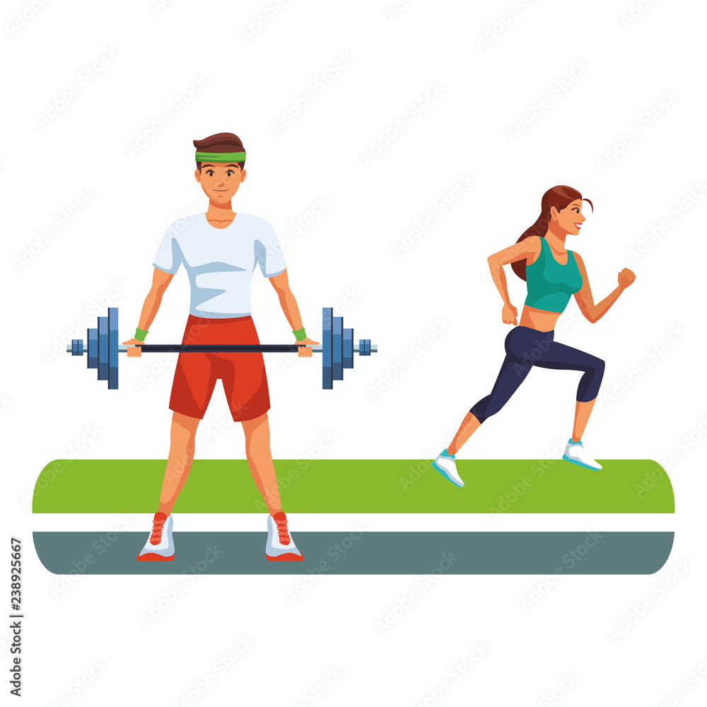 Fitness man lifting barbell and woman running Fitness man lifting barbell and woman running