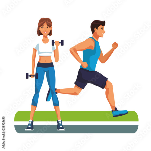 fitness woman lifting dumbbells and man running