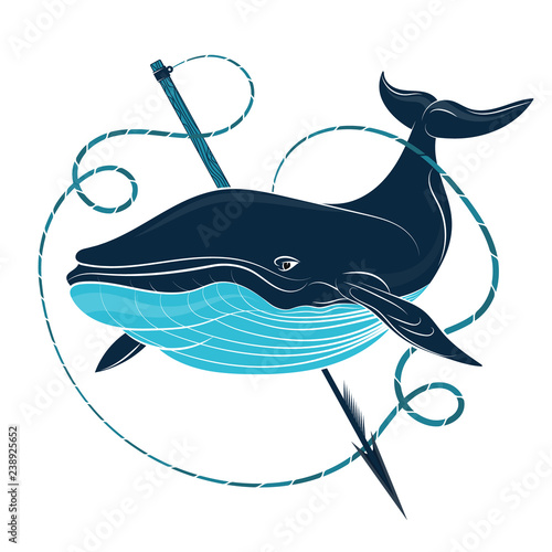 Blue whale and harpoon with rope vector