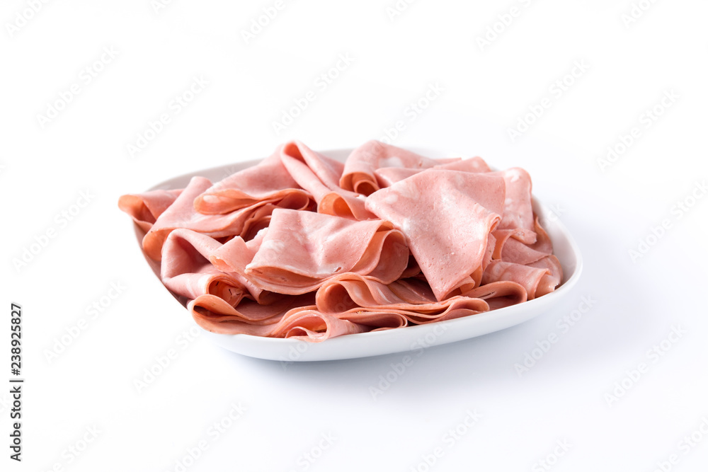 Mortadella slices on white plate isolated on white background Mortadella slices on white plate isolated on white background