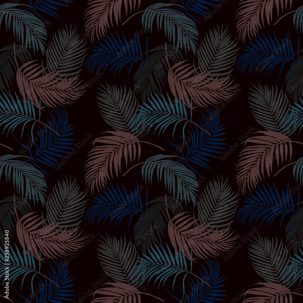 Colorful tropical leaves on dark summer night seamless pattern,vector illustration