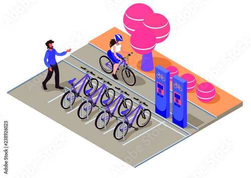 Isometric composition with electronic bicycle renting station. Bicycle parking in park near alley, walking path. Concept isolated table with bike sharing. Womаn cycling, man take a bicycle for rent