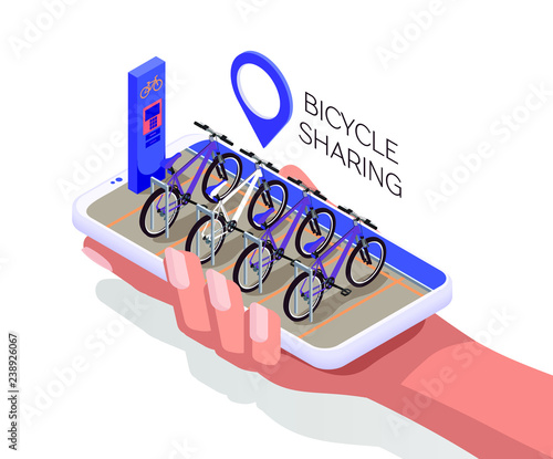 Smartphone in human hand. Isometric flat design template. Bicycle sharing system with use smartphone for rent. Smart service for rent bicycles in the city. Mobile app