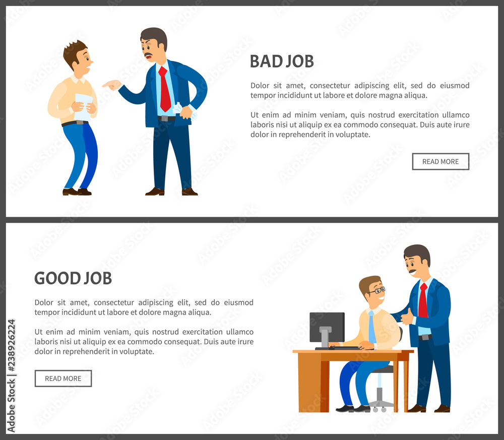 Bad and Good Job Vector Poster, Unsatisfied Boss