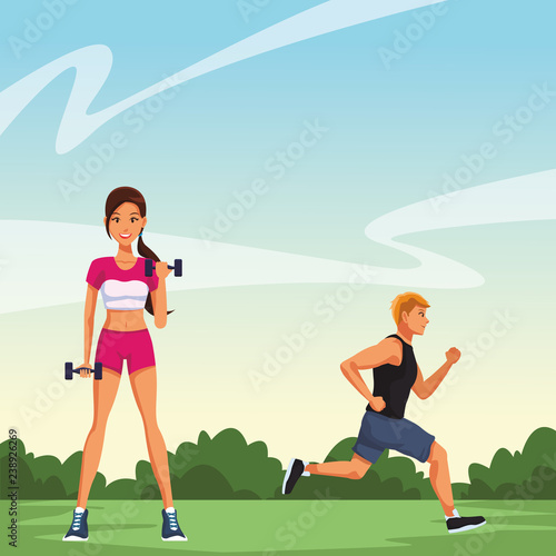 fitness woman lifting dumbbells and man running