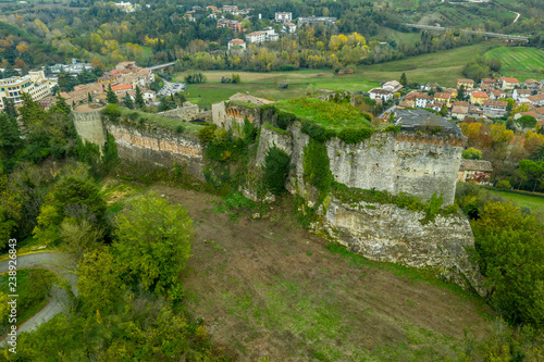 Aerial panorama view of Castrocaro di Terme, famous Italian thermal spa town in Cesena-Forli province, Emilia Romagna, near Terra del Sole, home to a Medici fortress castle in ruins a famous bridge photo