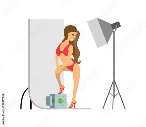 Model in Swimsuit with Backdrop at Photo Studio