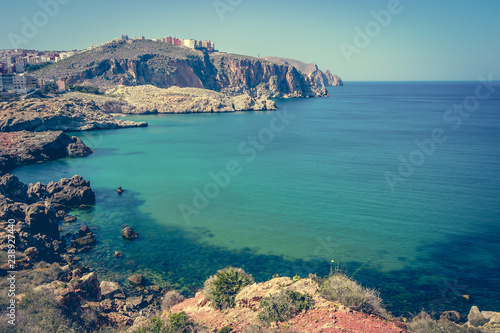 The incredible seascaping view of beach with blue sea in morocco in summer
