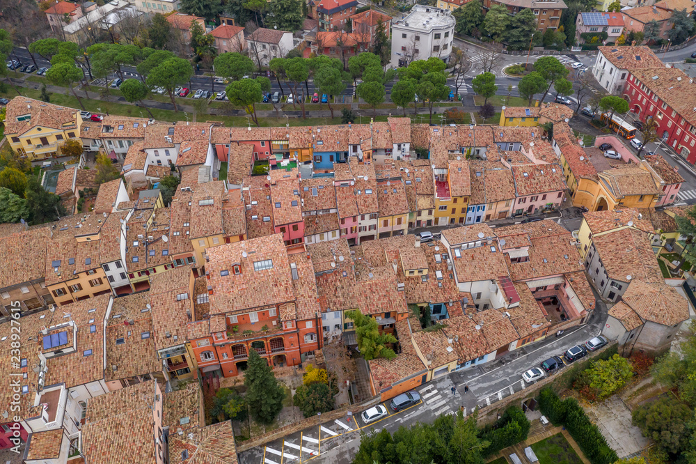 Aerial view of colorful medieval Italian houses with red roofs in Cesena, Cesena Forli provice, Emilia Romagna Italy
