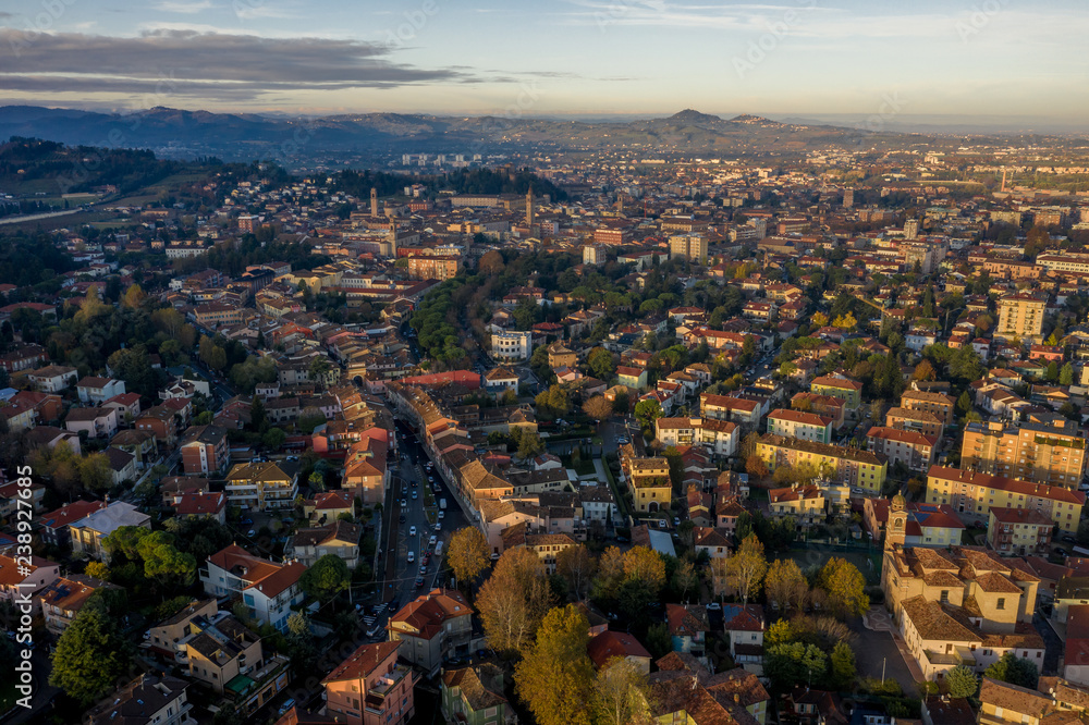 Morning aerial panorama of Cesena in Emilia Romagna Italy near Forli and Rimini, with medieval Malatestiana castle, Piazza del Popolo and Roman Catholic churches and cathedral