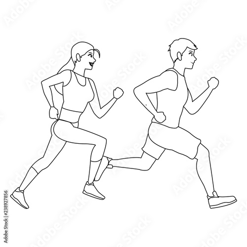 Fitness couple running in black and white