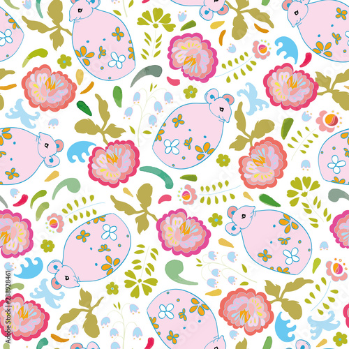 White repeat vector pattern with pink mouse and purple folk art blossoms. Seamless easter pattern. Surface pattern design.
