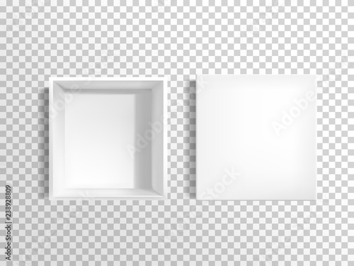 Opened, blank white, square, empty cardboard or plastic box with removed lid, top view 3d realistic vector template isolated on transparent background. Product packaging, container for parcels mockup