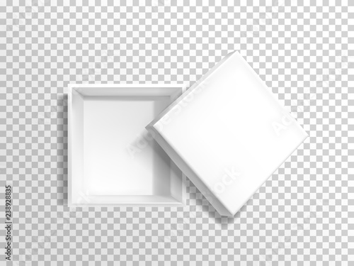 Opened, blank white, square, empty cardboard pizza box or shoebox with lid, top view 3d realistic vector template isolated on transparent background. Product packaging, container for parcels mockup