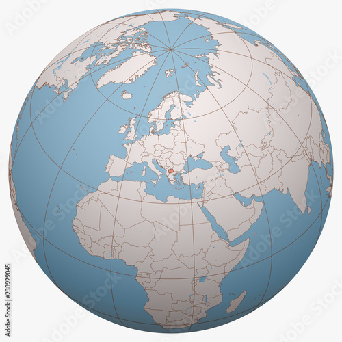 Macedonia on the globe. Earth hemisphere centered at the location of the Republic of Macedonia. The former Yugoslav Republic of Macedonia (FYROM) map.